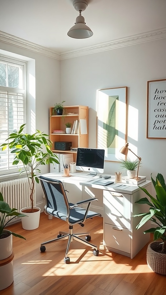 Bright and inviting small home office with natural light and plants.