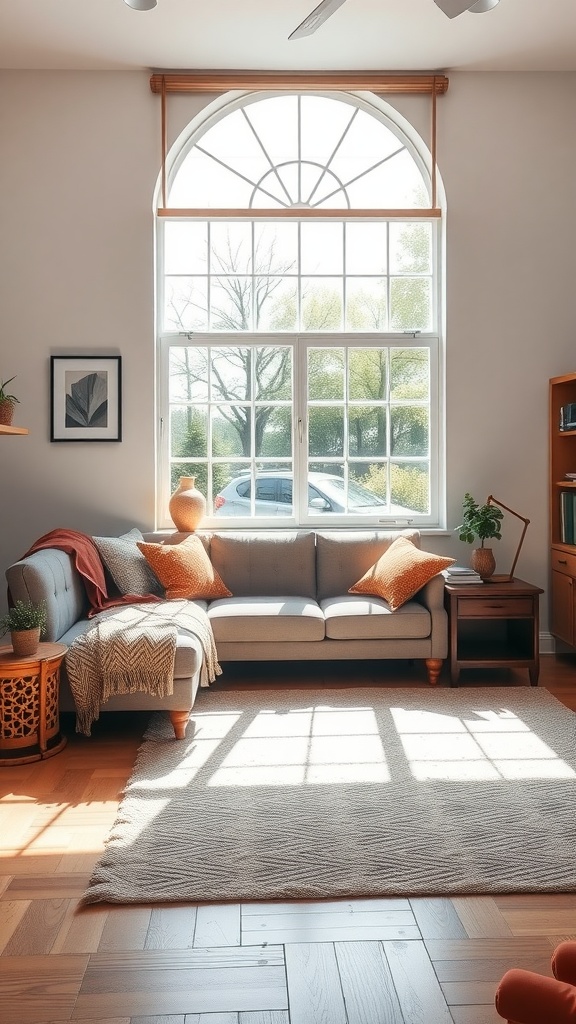 Cozy couch near a large window with natural light, decorated with pillows and a throw, in a warm home office setting.