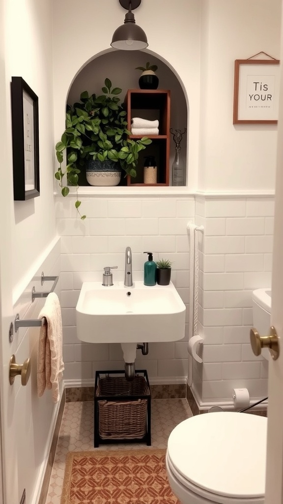 A small bathroom with a built-in nook for storage and greenery, featuring a wall-mounted sink.