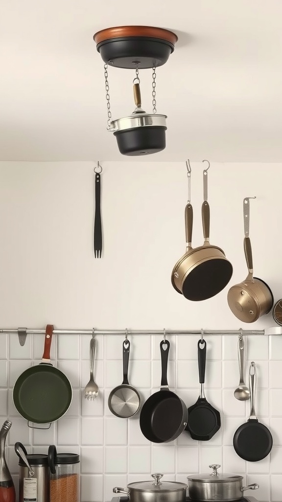 Ceiling storage for pots and pans in a small kitchen