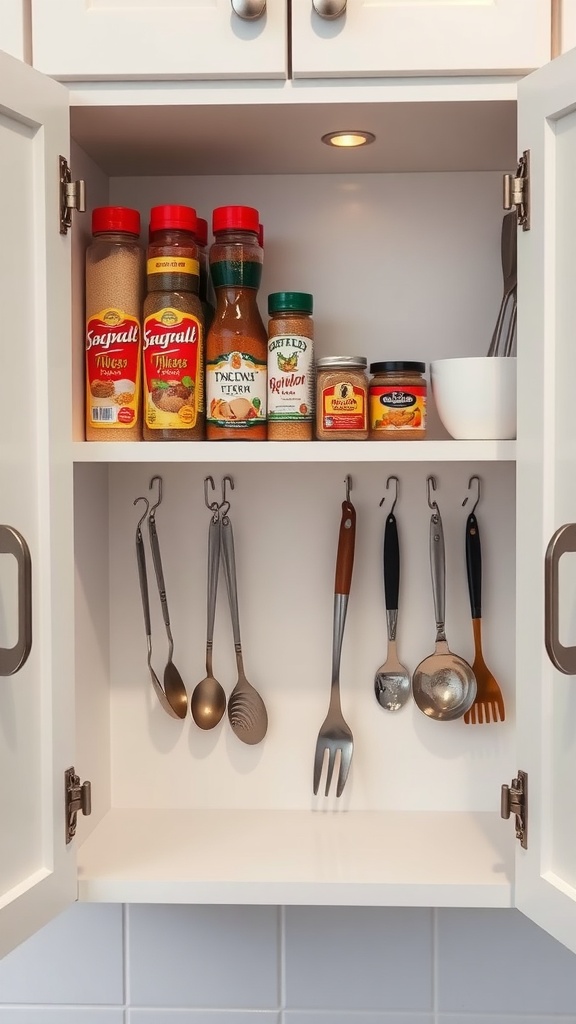 Inside of a kitchen cabinet featuring spices on the top shelf and cooking utensils hanging from hooks below.