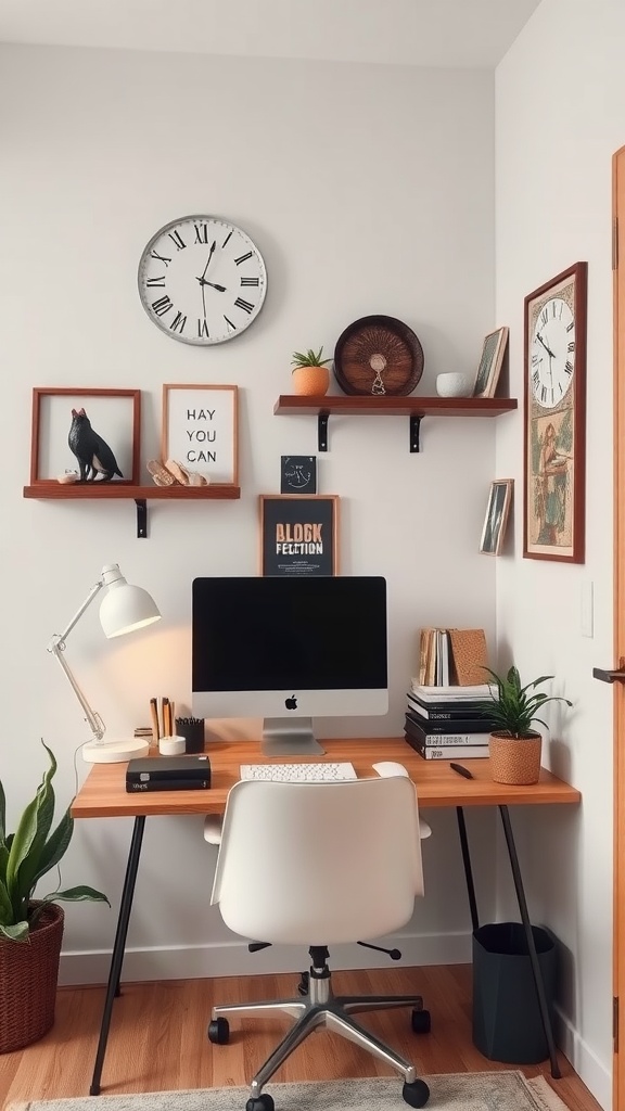 A feminine small home office featuring a desk with an iMac, a white chair, wall shelves with decor, and greenery.
