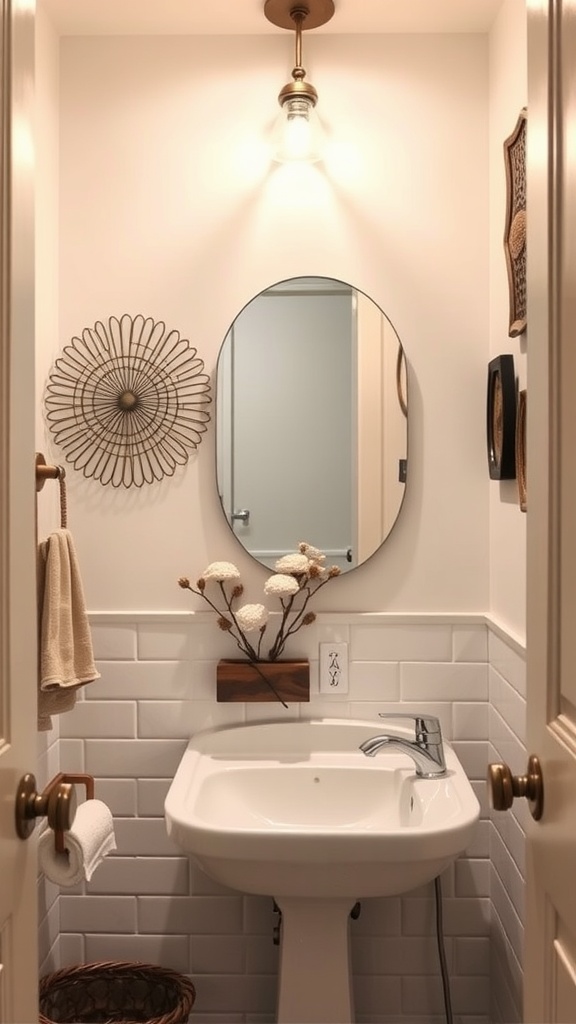 A small bathroom featuring a wall-mounted mirror, decorative wall art, and a flower arrangement on a shelf.