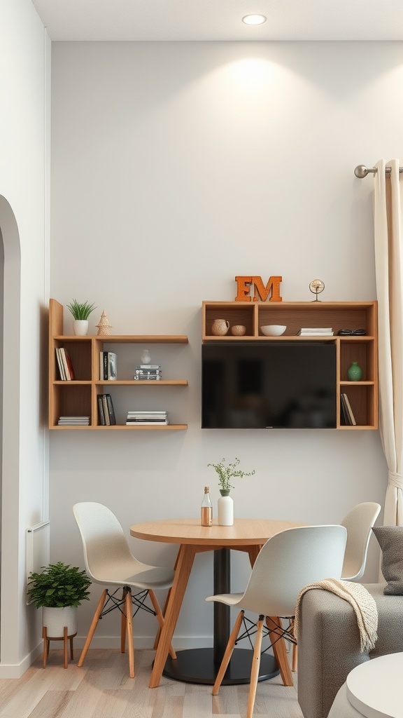 Cozy living dining room combo with shelves above a TV and a round table.