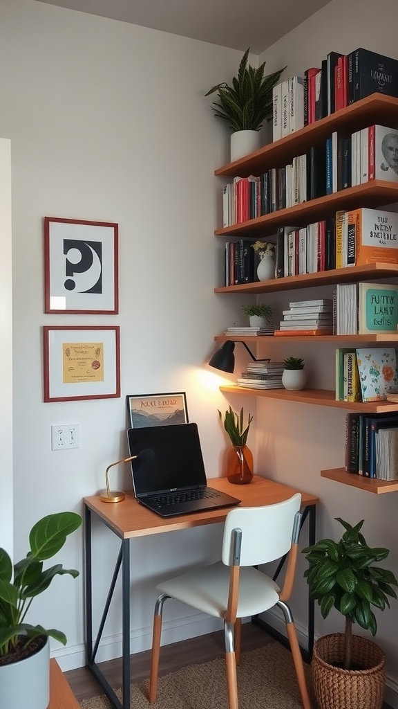 A cozy tiny home office with wooden shelves, a desk, and plants