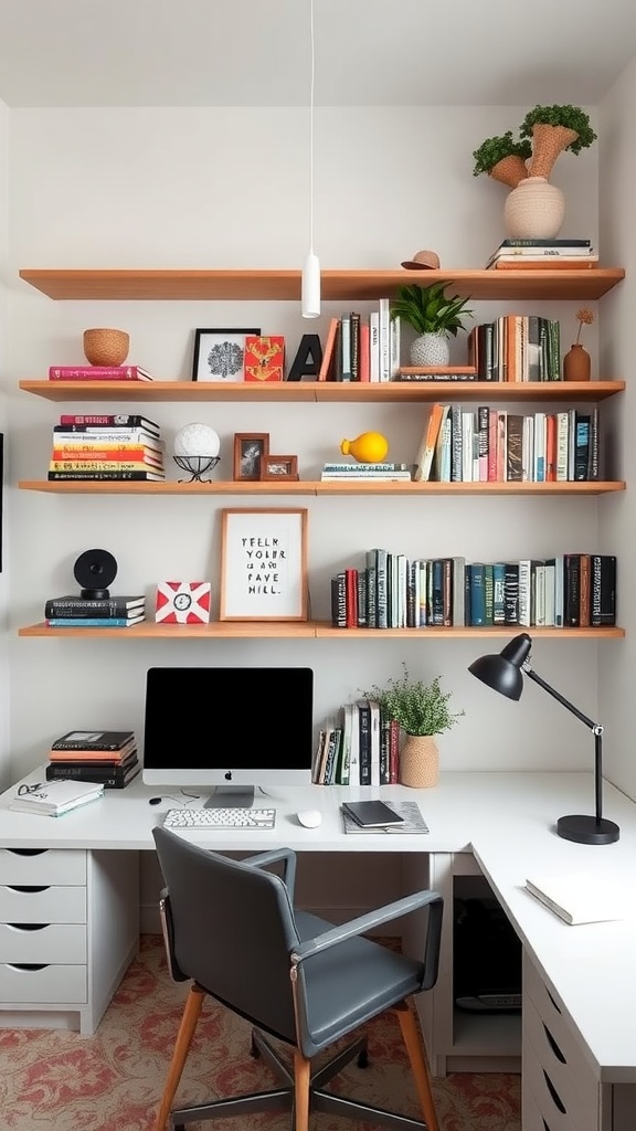 Stylish home office with wooden shelving displaying books and decorative items