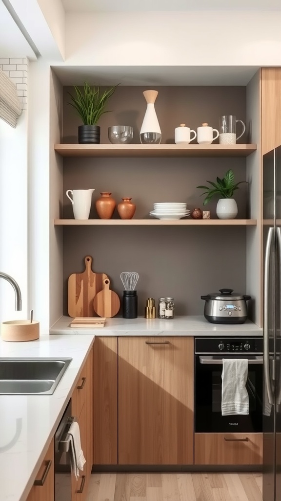 A modern kitchen shelf displaying plants, cups, and dishes in a sleek, organized manner.