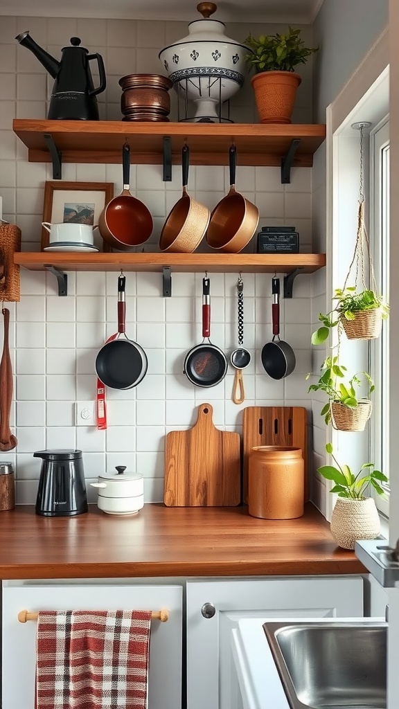 A small kitchen with shelves displaying pots, plants, and utensils, showcasing effective use of vertical space.