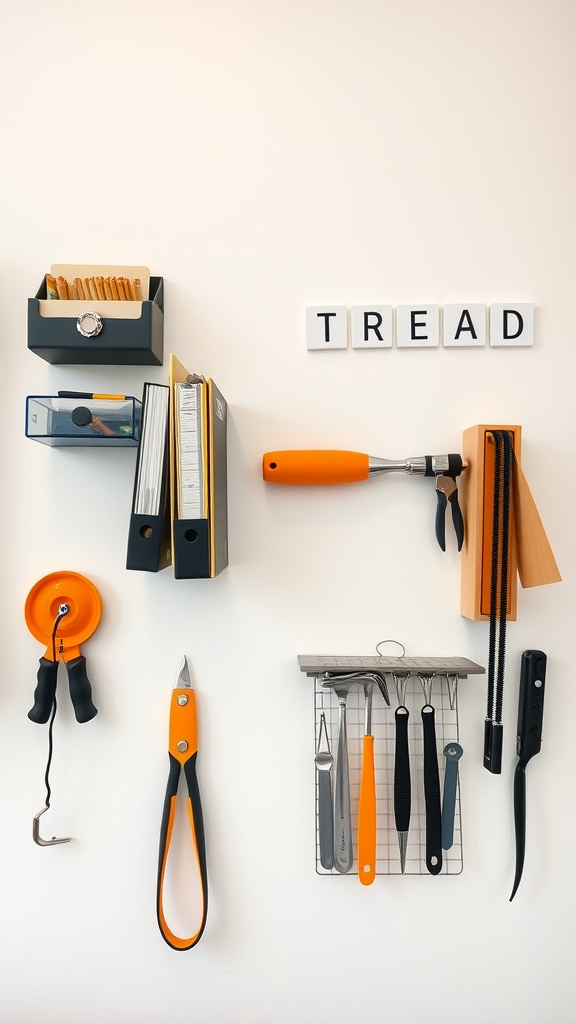 Wall-mounted accessories in a small home office, including tools and organizers.