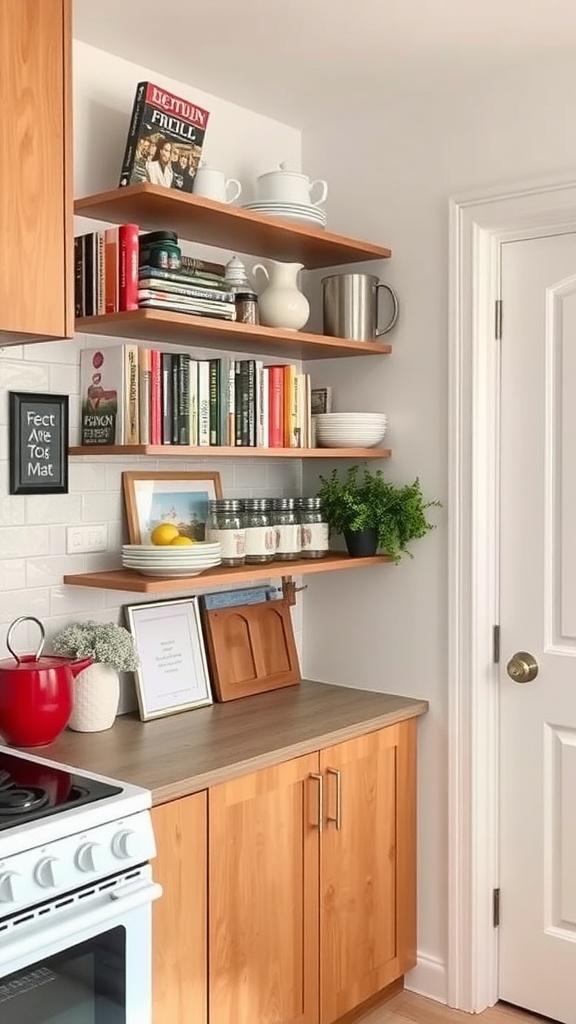 Small kitchen with open shelves displaying cookbooks and kitchenware.
