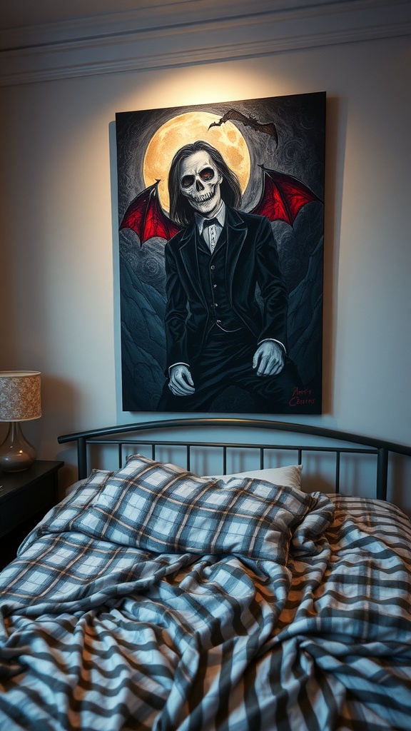 A vampire-themed artwork featuring a skeletal figure with bat wings against a full moon, hanging above a cozy bed with plaid bedding.