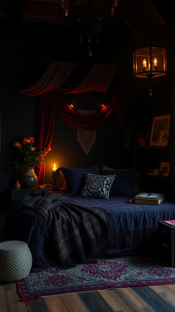 A dark boho bedroom featuring velvet accents, warm lighting, and a cozy atmosphere.