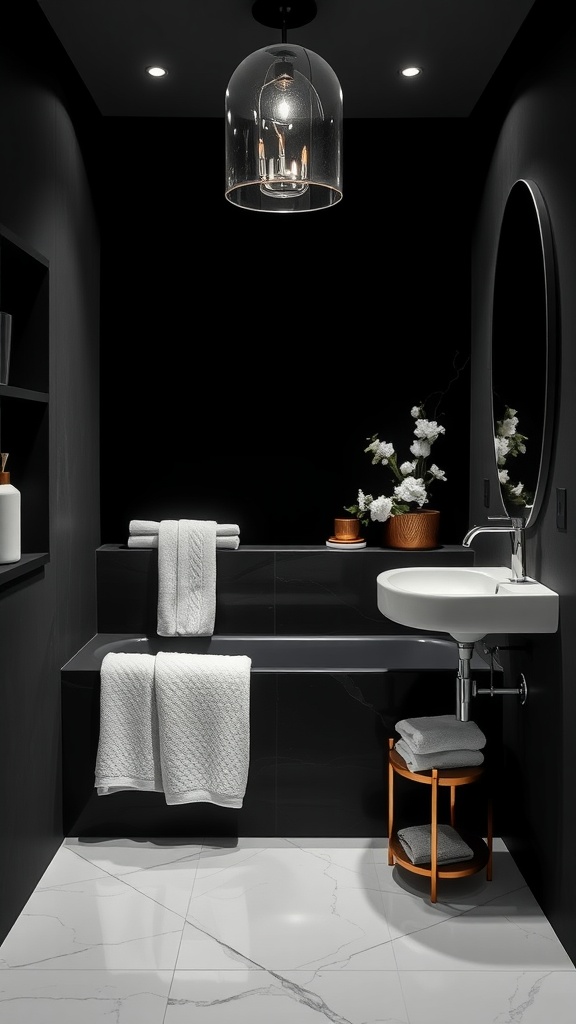 A stylish black bathroom with velvet walls, modern lighting, a sleek sink, and white towels.