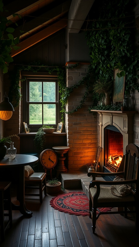 Cozy interior with ivy, fireplace, and vintage decor.