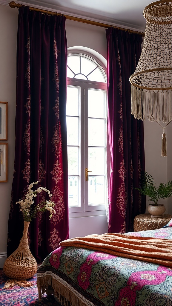 A boho themed bedroom featuring velvet jewel tone curtains, a colorful bedspread, and natural decor elements.