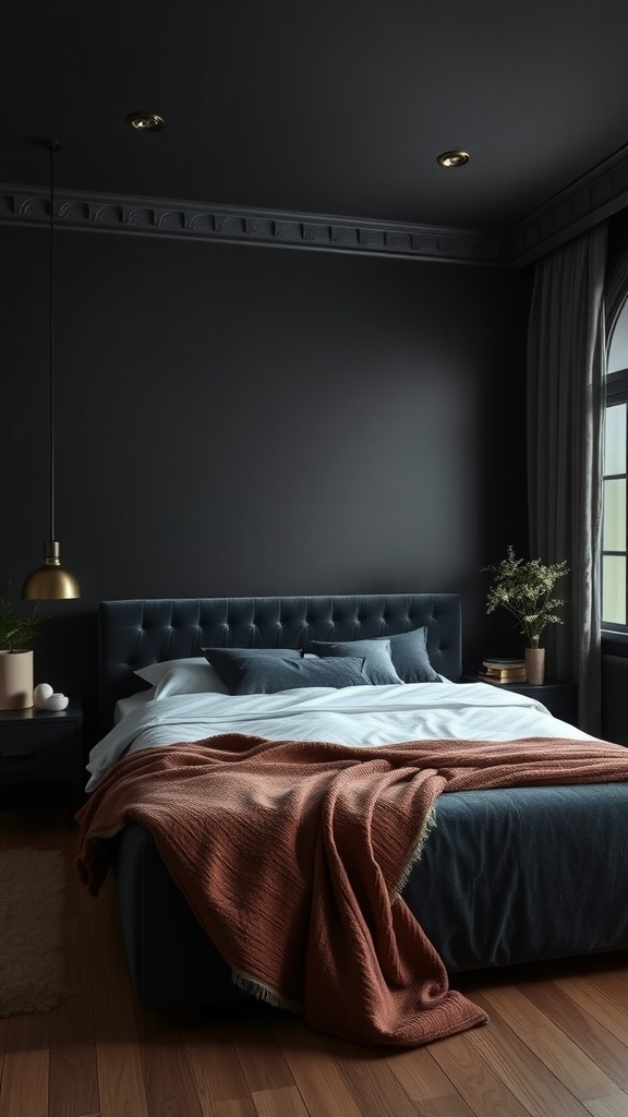Dark and moody bedroom featuring a plush bed with layered bedding, dark walls, and soft lighting.