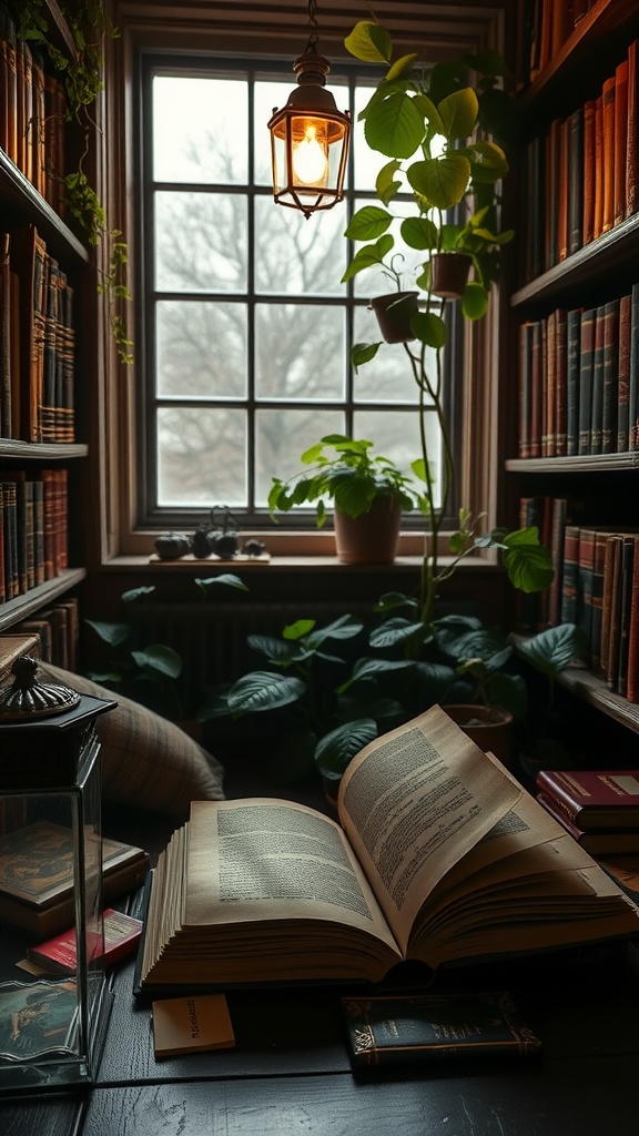 Cozy nook with books, lantern, and plants