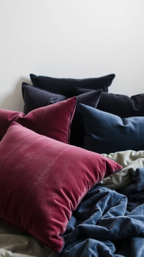 A collection of velvet throw pillows in dark shades of blue and burgundy on a bed.