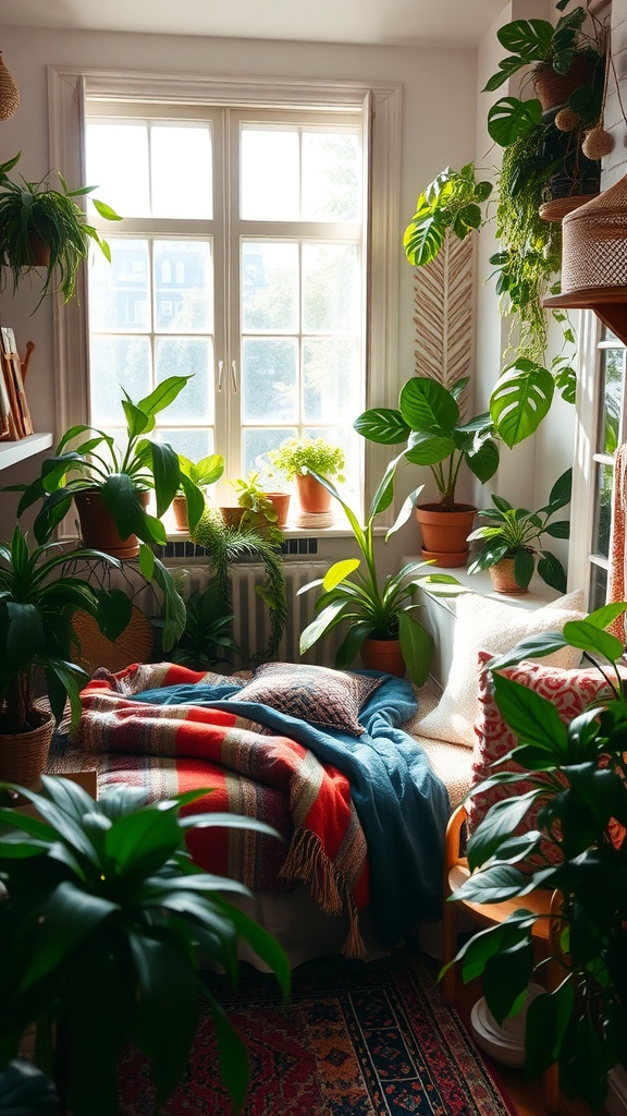 A bright and cozy boho bedroom corner filled with various indoor plants, bright blankets, and a colorful rug.