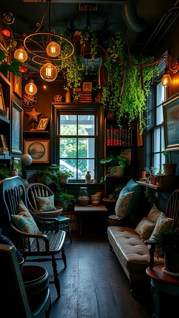 A cozy room filled with vintage decor, plants hanging from the ceiling, warm lighting, and inviting seating.