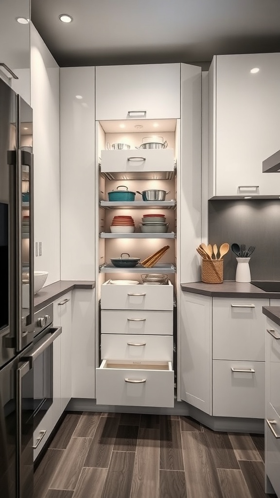 A modern kitchen featuring vertical drawers with various kitchenware.