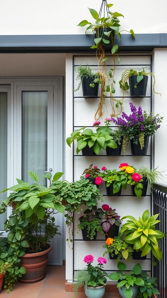 A vertical garden wall with various plants and flowers on a small balcony.