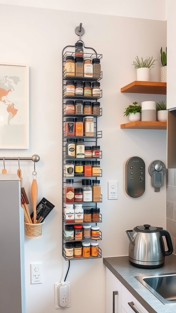 A vertical spice rack mounted on a wall, displaying various spice jars.