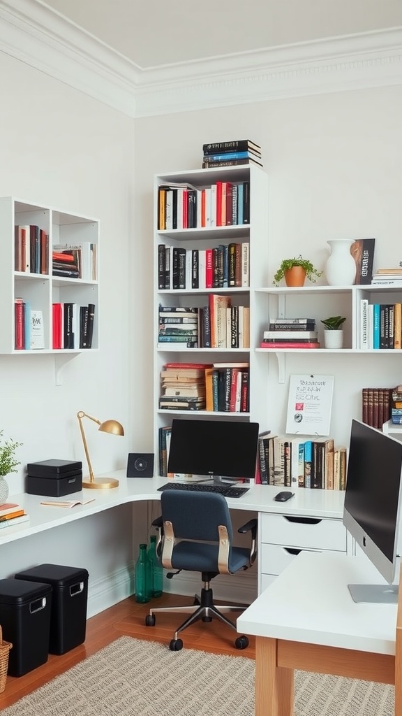 A small home office with vertical storage solutions, featuring tall bookshelves and a clean desk setup.