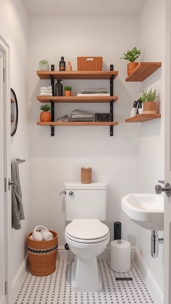 Small bathroom with vertical storage shelves above the toilet, featuring towels, baskets, and plants for organization.