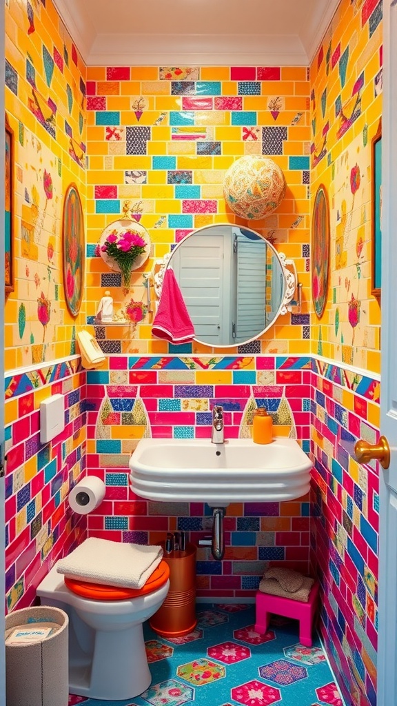 A colorful and vibrant bathroom featuring patterned tiles, bright fixtures, and a small sink.