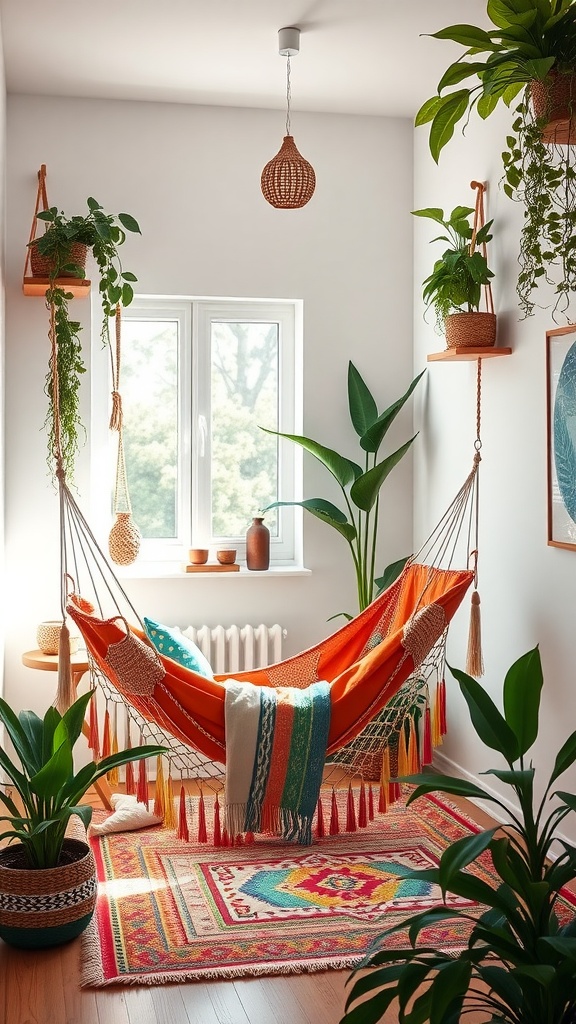 A brightly colored hammock in a boho style bedroom surrounded by plants and vibrant decor.