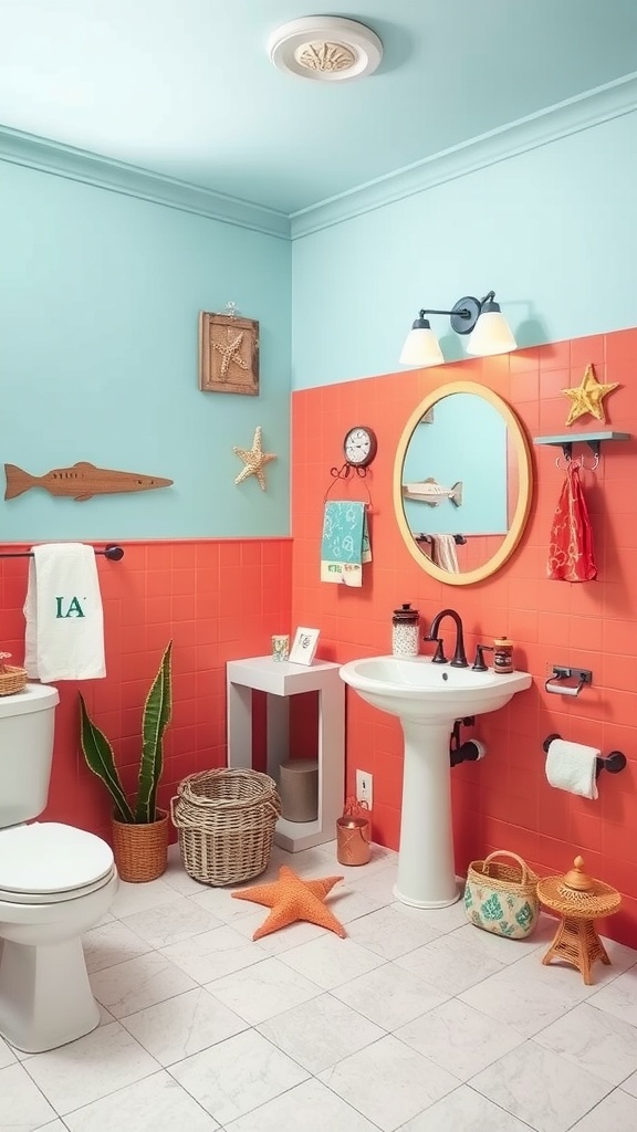 A colorful bathroom featuring coral tiles and blue ceiling, decorated with beach-themed items.