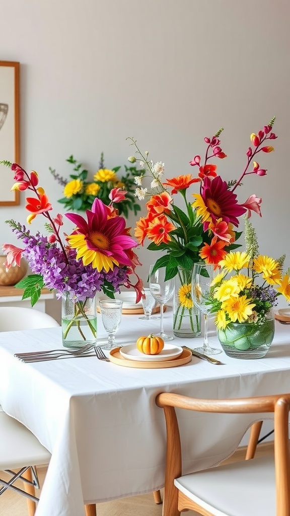 A dining table elegantly set with vibrant floral arrangements featuring sunflowers, lilies, and orchids.