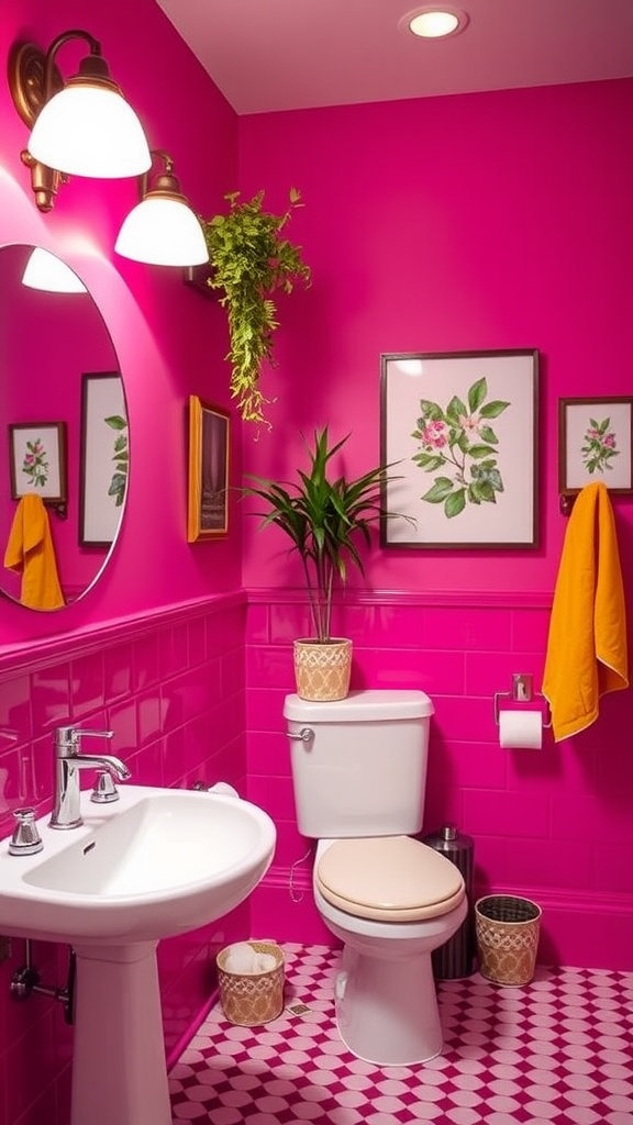 A vibrant fuchsia bathroom with white fixtures and decorative elements.