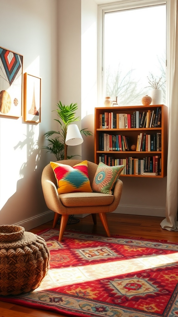 Cozy reading nook featuring a colorful geometric rug, a comfortable armchair with decorative cushions, and a bookshelf in a well-lit corner.