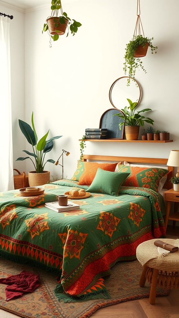 A cozy bedroom featuring a bed with a green and terracotta patterned quilt, surrounded by plants and natural wood elements.