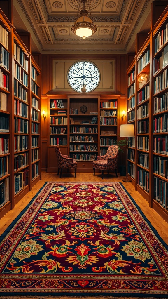 A cozy library with a patterned rug in rich colors and intricate designs, surrounded by bookshelves.