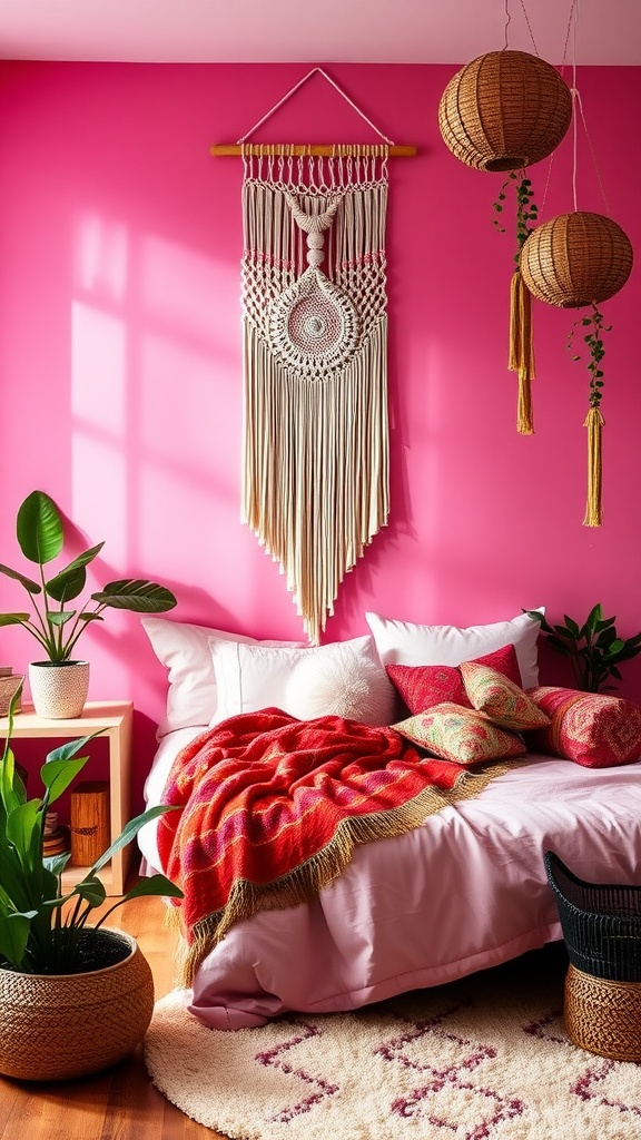 A cozy boho style bedroom with vibrant pink walls, macramé wall art, and plush bedding.