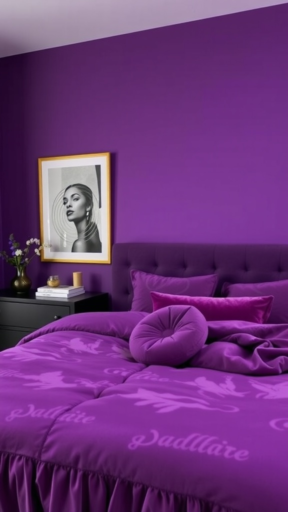 A cozy bedroom with vibrant purple walls, layered purple bedding, and a stylish black nightstand.