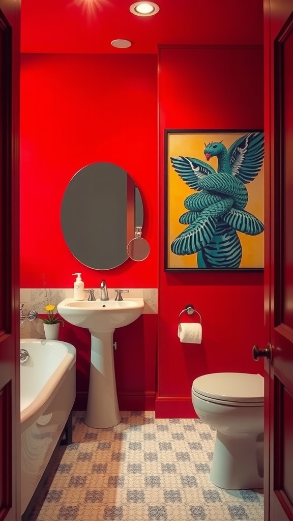A bathroom with vibrant red walls, white fixtures, and an artistic painting, showcasing a bold color palette.