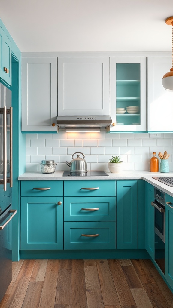 A kitchen featuring vibrant teal cabinets on the bottom and light grey cabinets on the top, with wooden flooring.