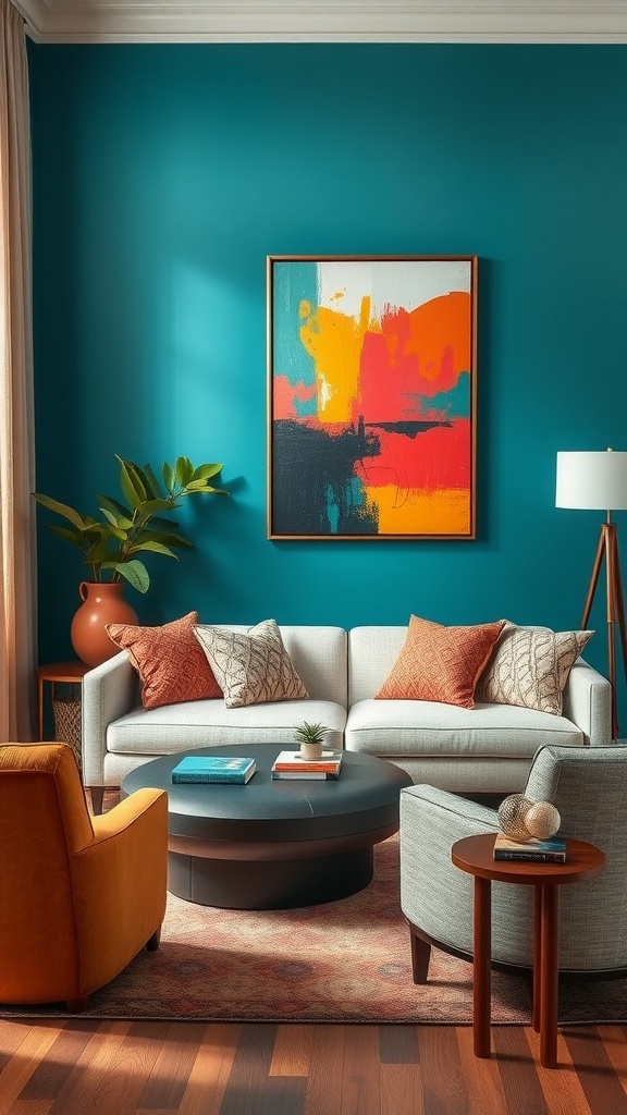 A living room featuring vibrant teal walls, colorful art, and modern furniture.