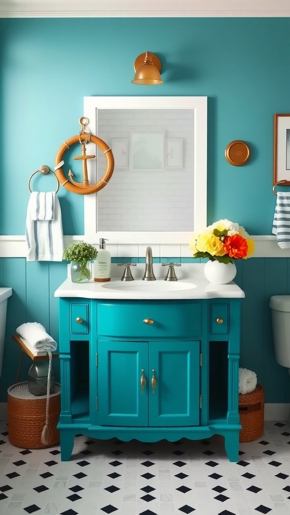 A vibrant teal bathroom vanity with a white countertop, complemented by coastal decorations and bright flowers.