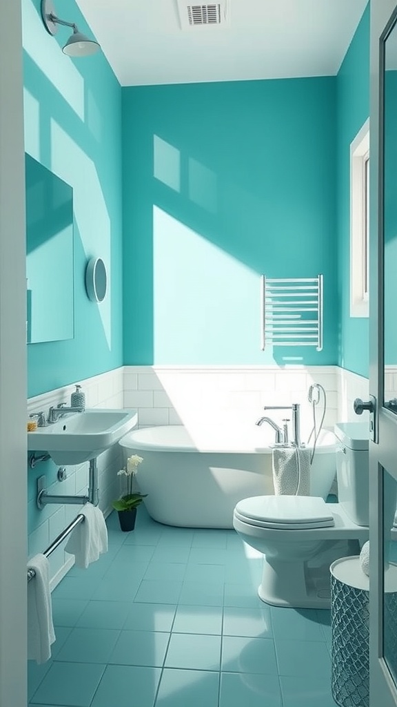 A modern bathroom featuring vibrant teal walls and floor with white accents.