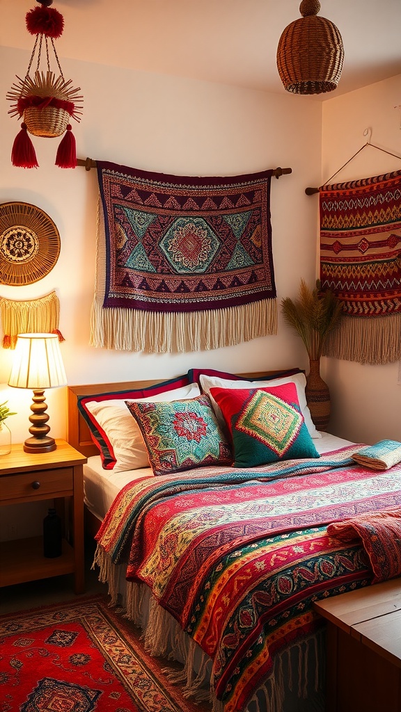 A cozy boho bedroom with vibrant textiles, featuring a patterned bedspread, colorful pillows, and woven wall hangings.