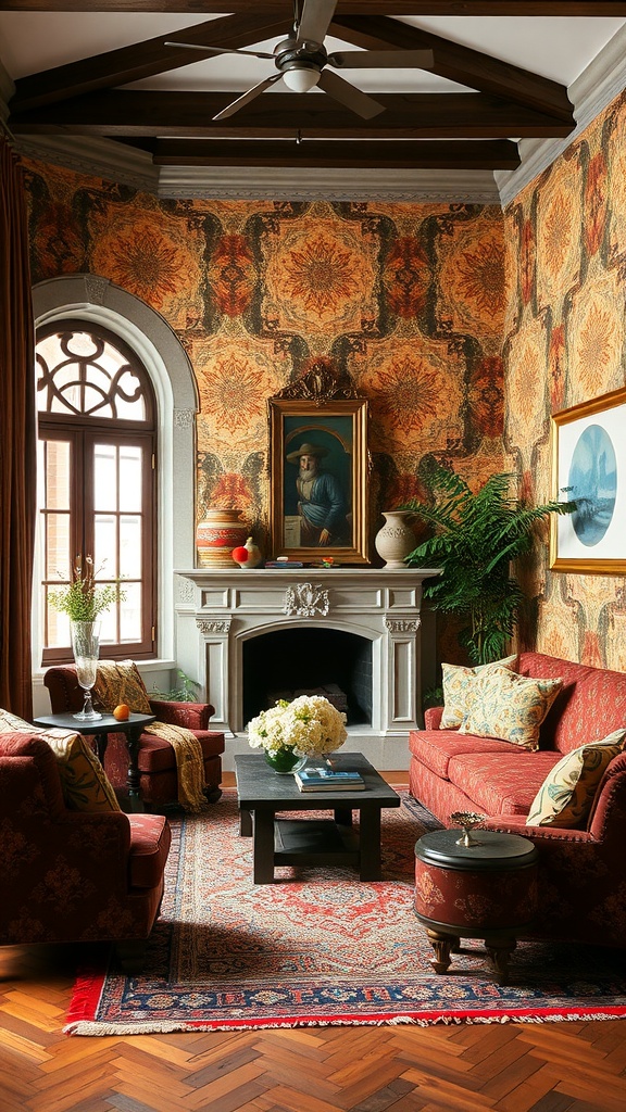 A cozy living room featuring rich textiles, dark wood elements, and a vibrant wallpaper design.
