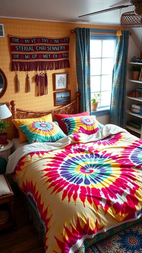 A colorful tie-dye bedding set featuring bright patterns on a bed with decorative pillows in a cozy room.