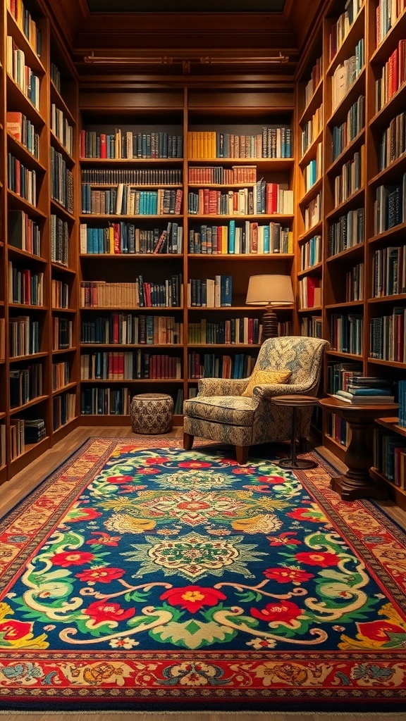 A cozy library featuring a colorful rug with floral patterns, surrounded by wooden bookshelves and a comfortable chair.