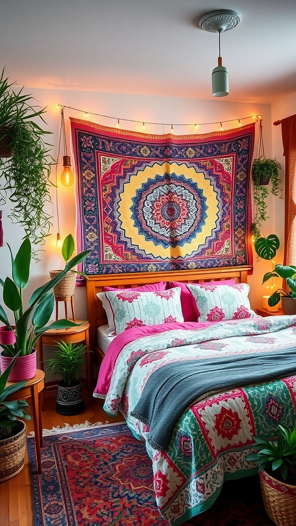 A vibrant Boho bedroom featuring a colorful tapestry, playful bedding, and indoor plants.