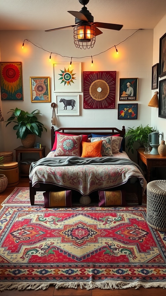 A cozy Boho-style bedroom with colorful pillows, eclectic wall art, and warm lighting